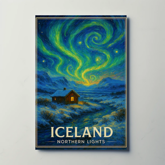 Iceland Northern Lights Starry Sky Cabin Winter Travel Poster