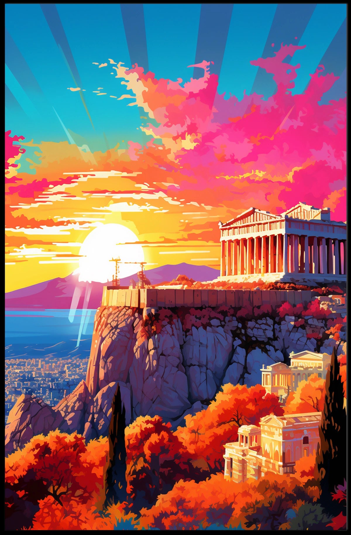 Vibrant Greek Sunset Landscape at Acropolis Heritage Poster