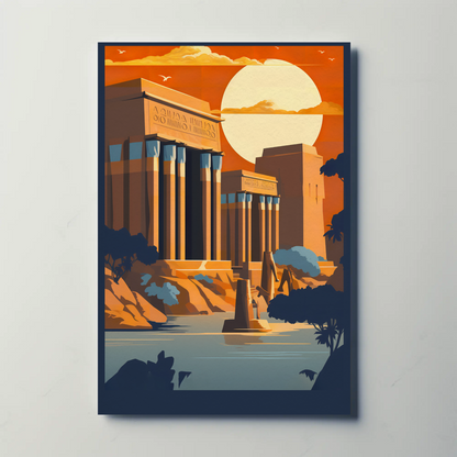 Egyptian Ruins Sunlit Columns River Vintage Travel Poster