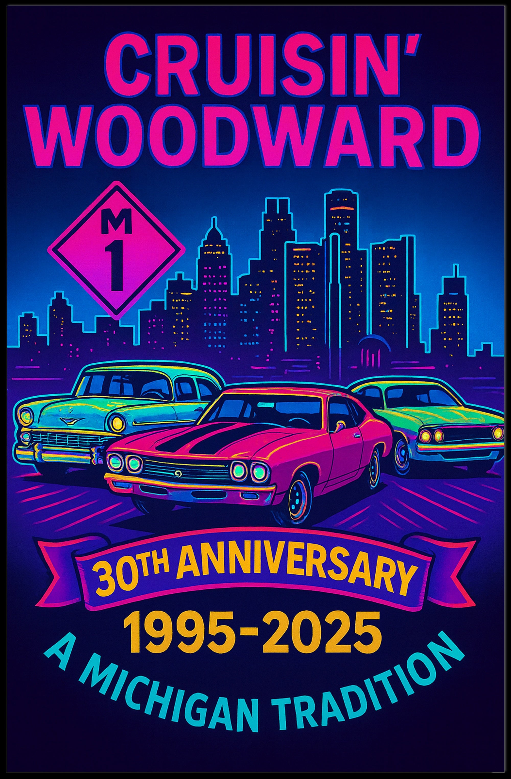 30th Anniversary Cruisin  Woodward Neon Pop Culture Poster