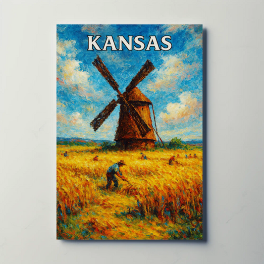 Kansas Windmill Wheat Field Harvest Painting Poster Poster