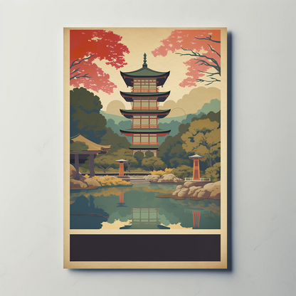 Japan Reflection Pagoda Lake Autumn Vintage Travel Poster