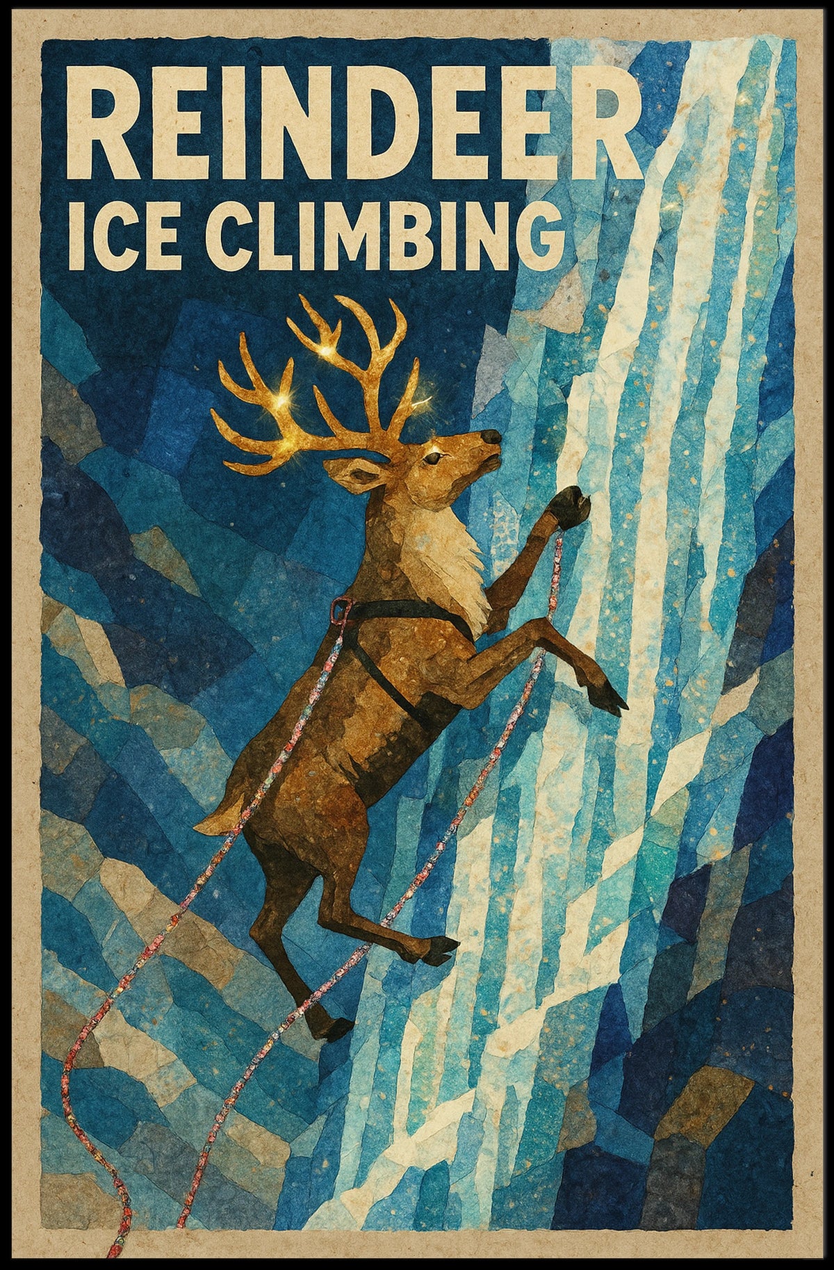 Reindeer Ice Climbing Vintage Animal Art Poster