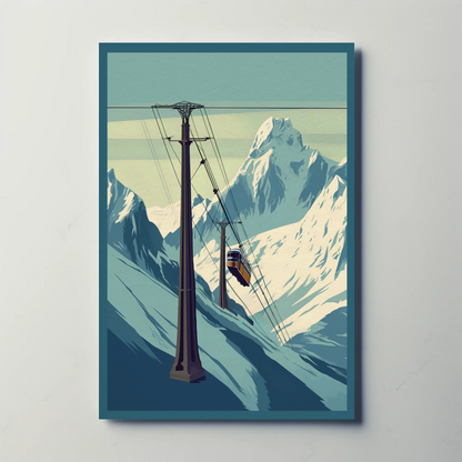 Ski Lift Across Winter Mountain Range Vintage Travel Poster