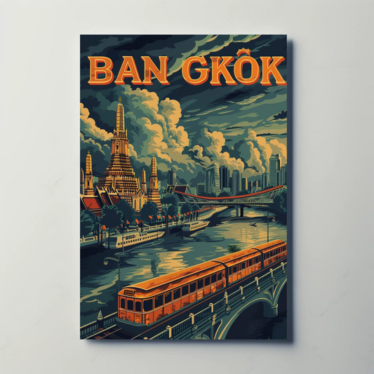 Bangkok Golden Temple River Train Skyline Scene Travel Poster