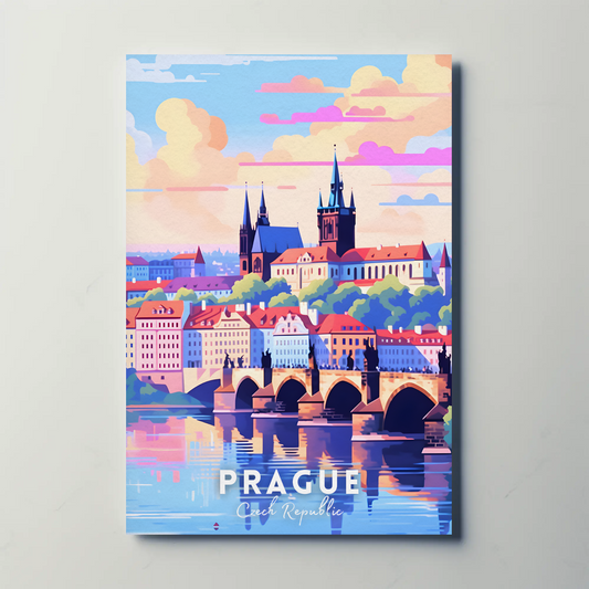 Prague City Bridge Sunset Travel Poster