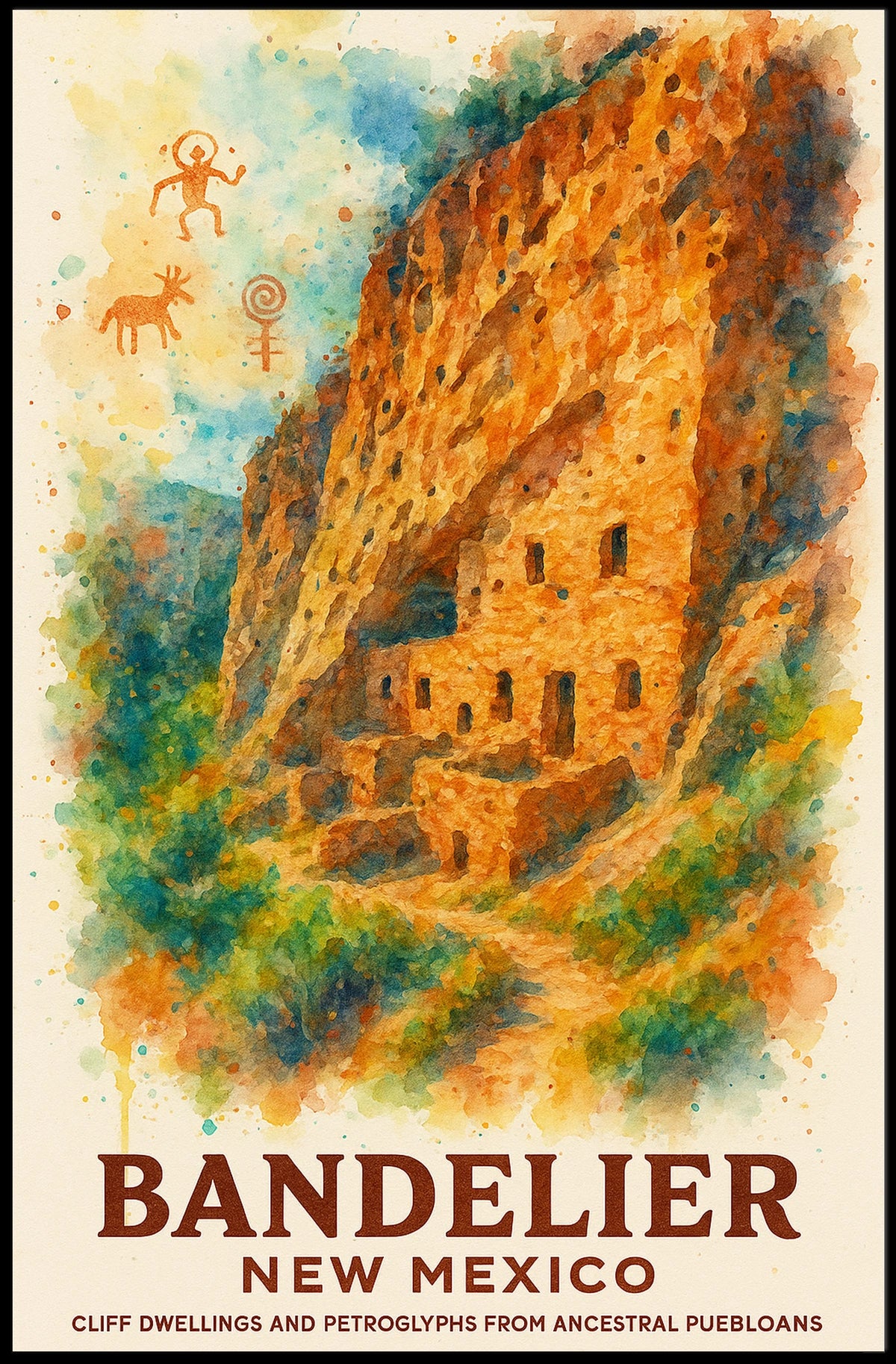 Bandelier National Monument Vintage Watercolor Poster Art