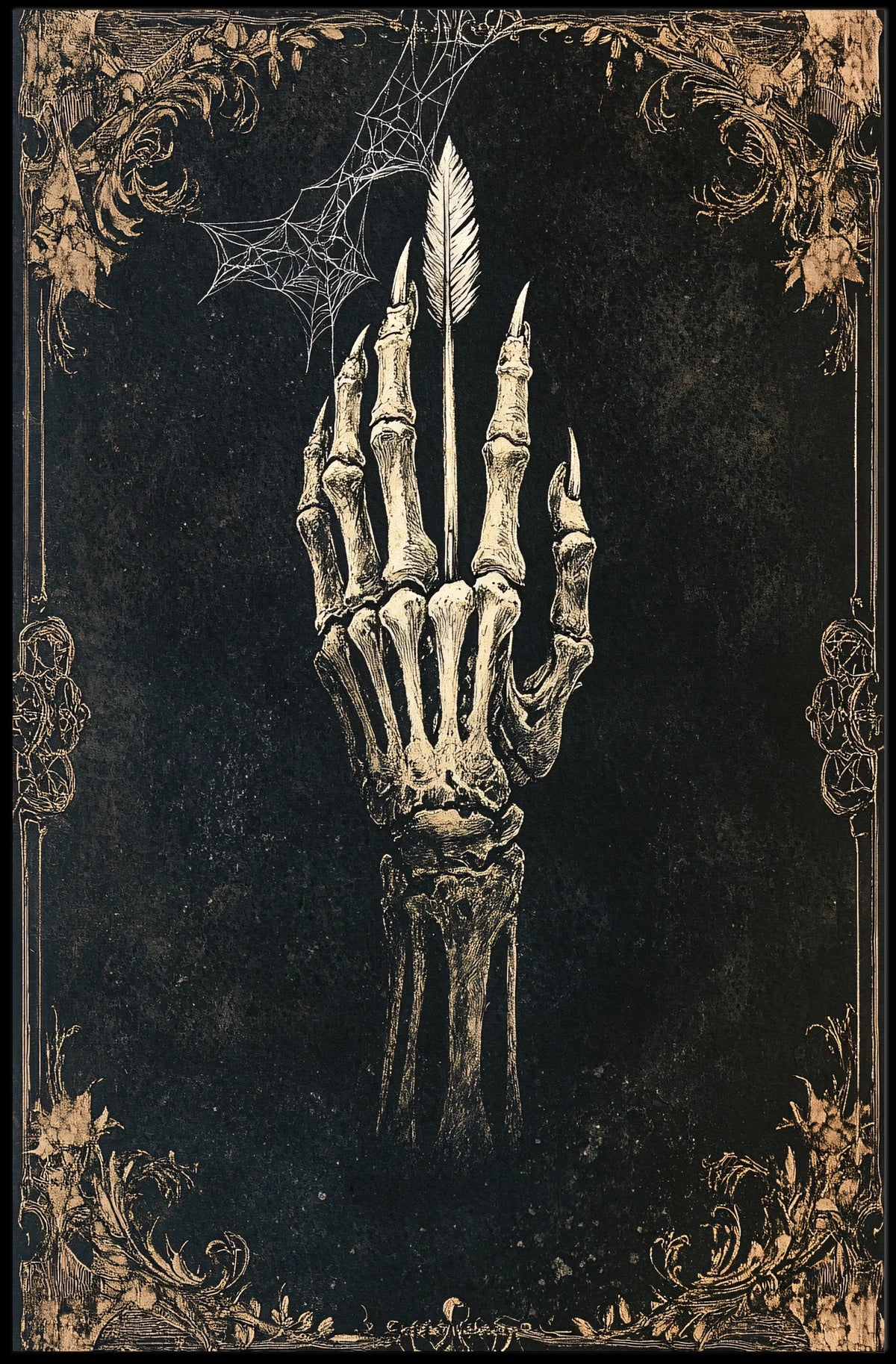 Gothic Skeletal Hand Feather Artwork - Abstract, Artistic Poster