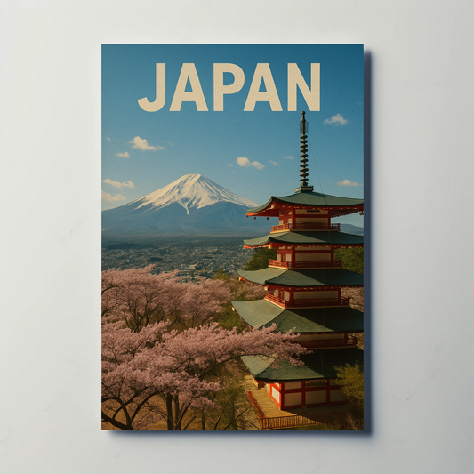 Japan Mount Fuji Pagoda Sakura Vintage Travel Poster