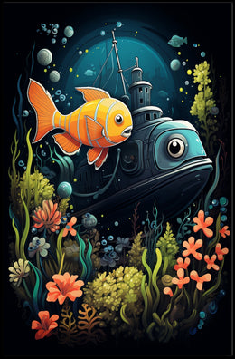Underwater Adventure: Vintage Submarine and Orange Fish Poster