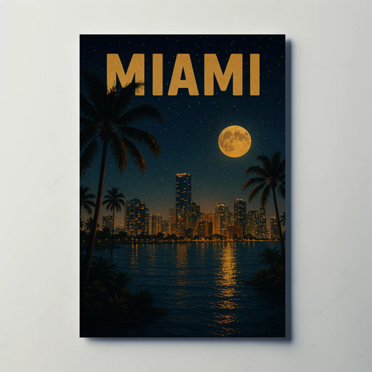 Miami Skyline At Night With Moon Travel Poster