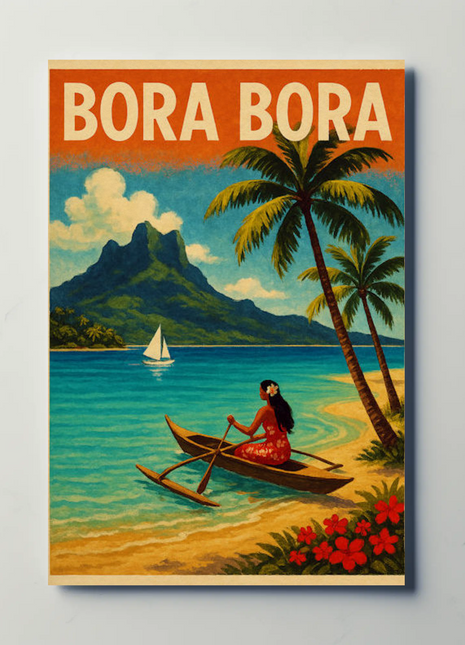 Bora Bora Outrigger Canoe Island Mountain Travel Poster