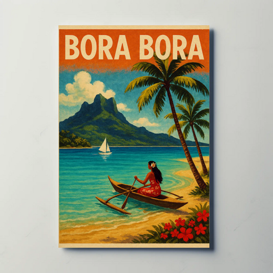 Bora Bora Outrigger Canoe Island Mountain Travel Poster
