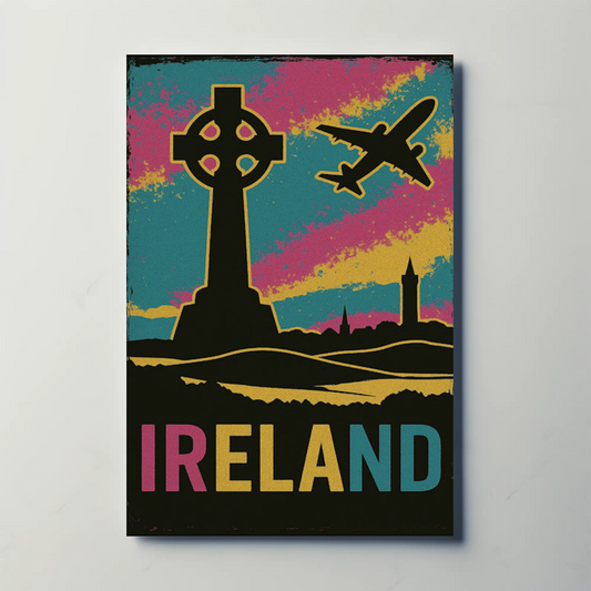 Ireland Celtic Cross Air Travel Retro Poster