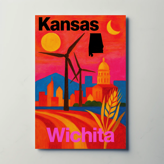 Wichita Kansas Skyline Retro Vintage Travel Poster