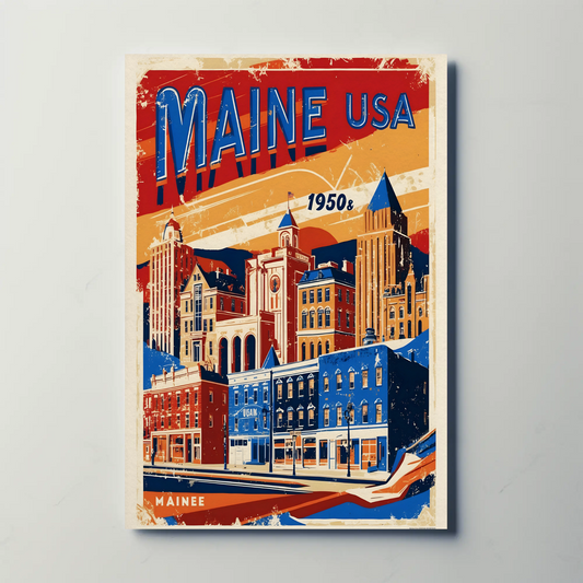 Maine USA 1950s Seaside Townscape Vintage Maroon Travel Poster