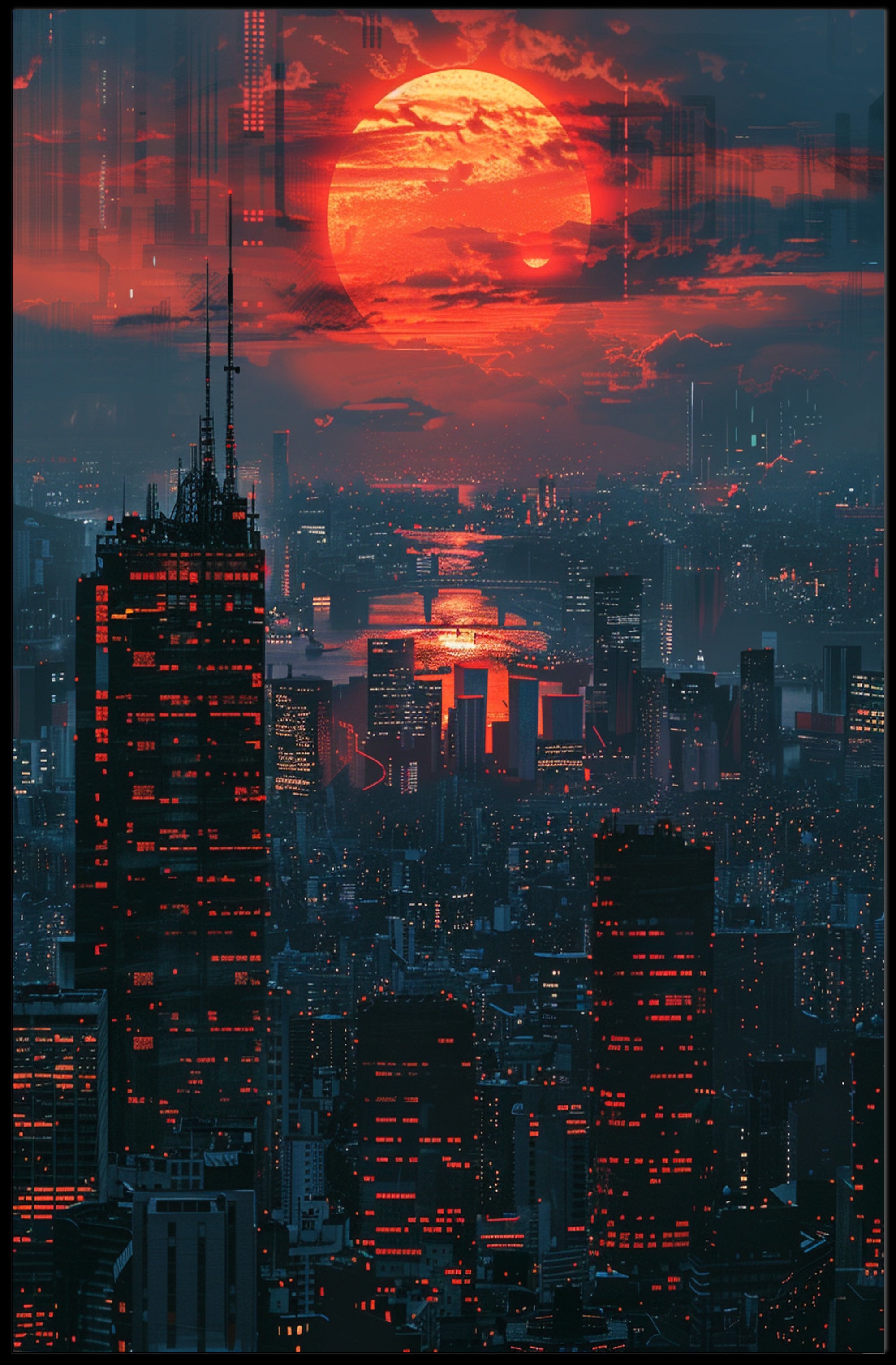 Fiery Sunset Futuristic Sci-Fi Urban Landscape Poster PosterGoat