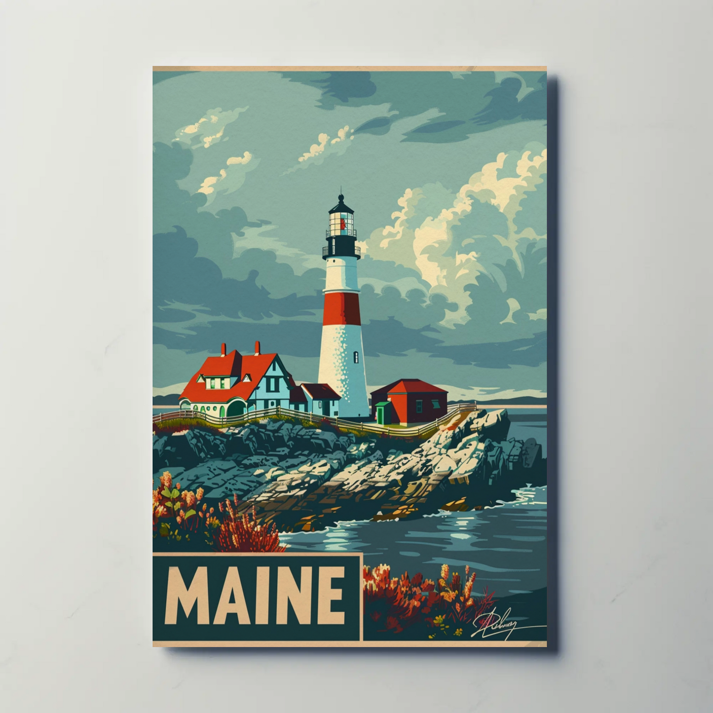 Maine Lighthouse Coastal Classic Travel Poster