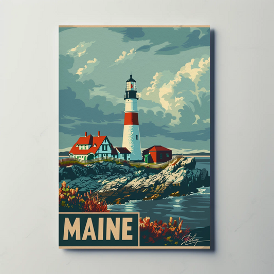 Maine Lighthouse Coastal Classic Travel Poster