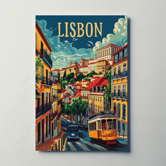 Lisbon Yellow Tram and Alfama Streets Travel Poster