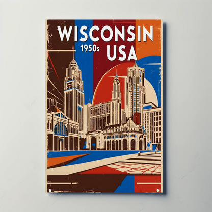 Wisconsin USA 1950s Urban Skyline Vintage Travel Poster