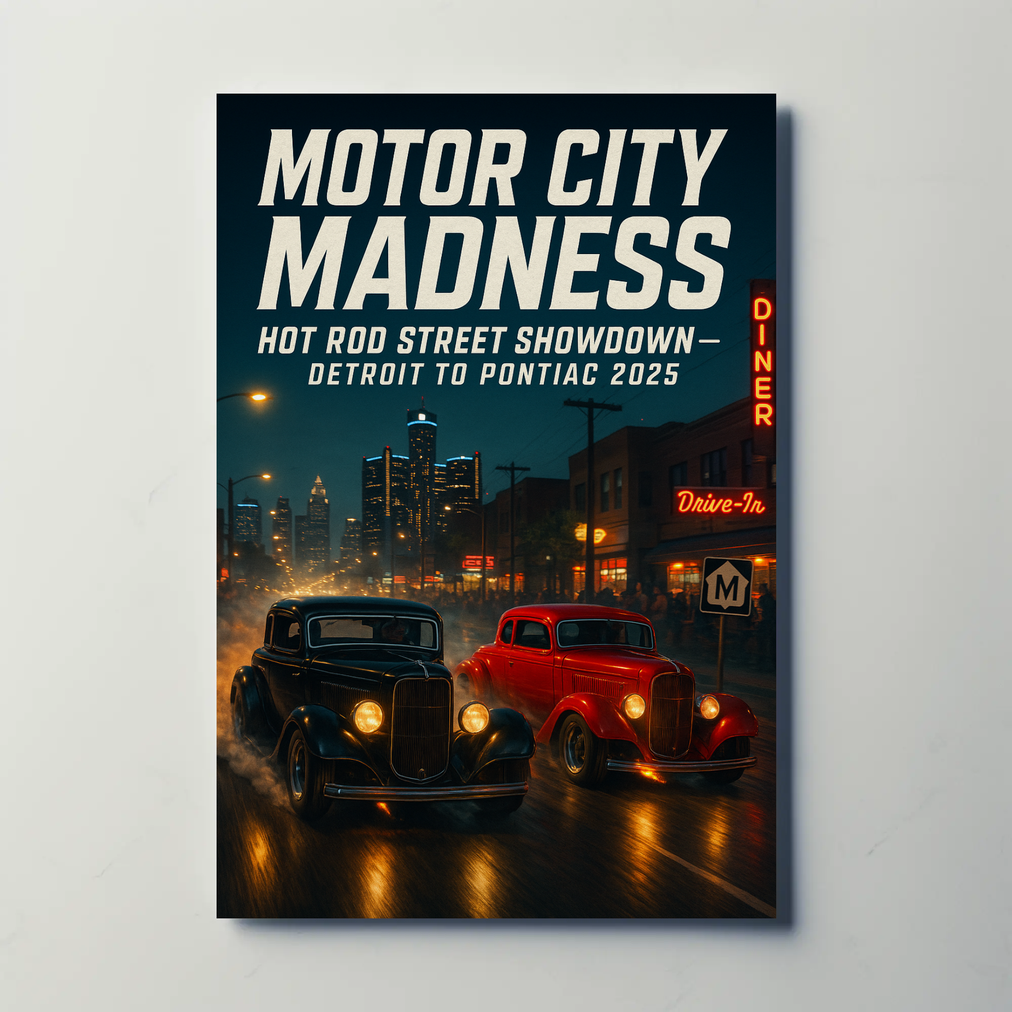 Hot Rod Street Showdown in Detroit Futuristic Sci-Fi Poster
