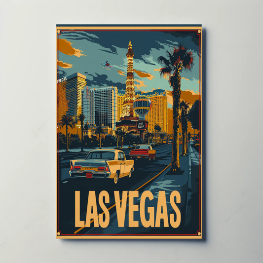 Las Vegas Neon Strip Vintage Cars Skyline Travel Poster
