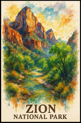 Zion National Park Watercolor Landscape Art Poster