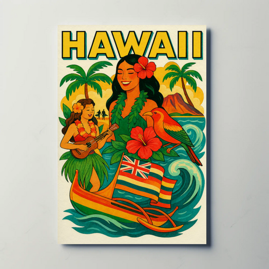 Hawaii Culture Island Canoe Flowers Poster