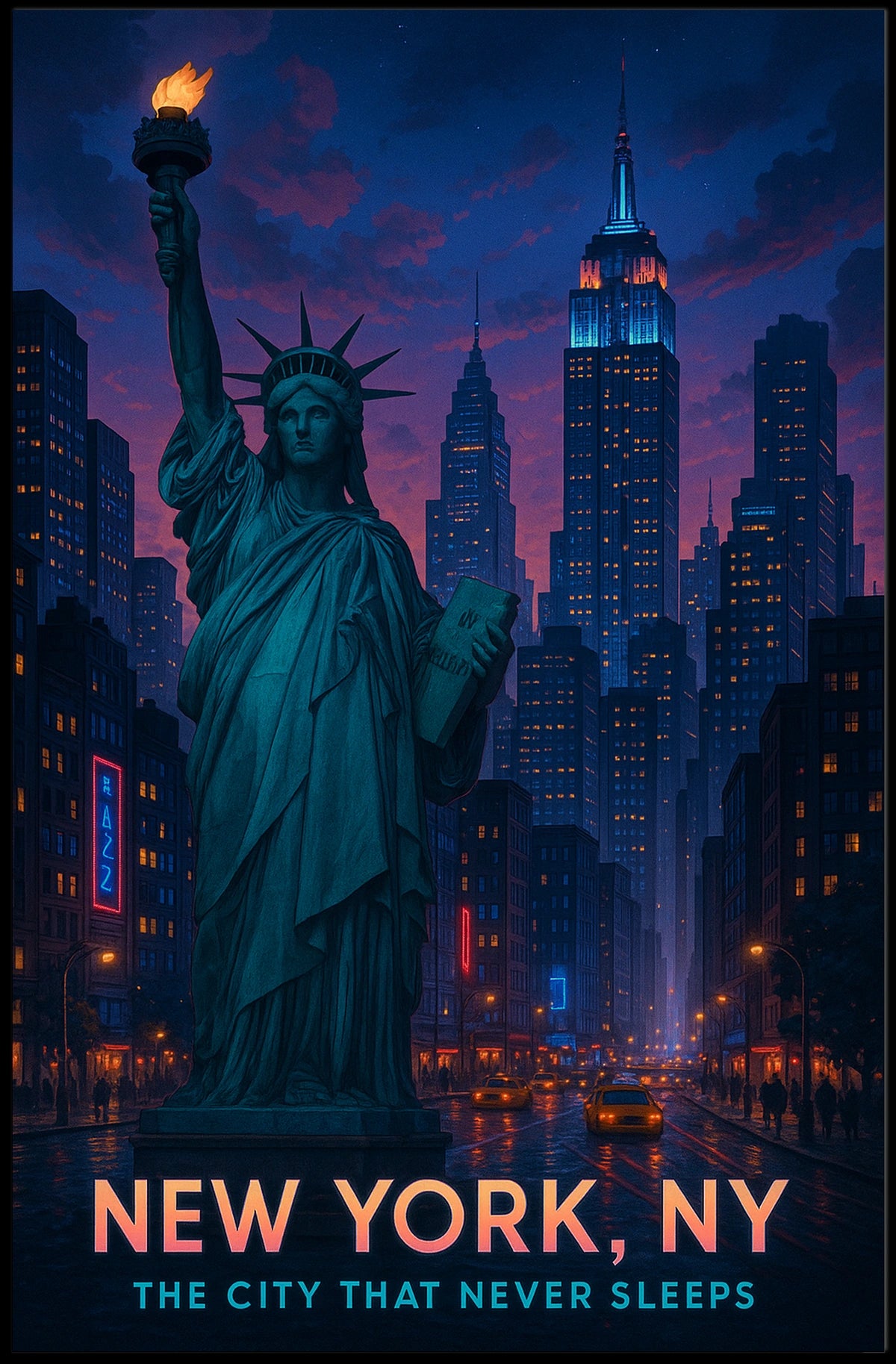 New York City Skyline Night View Poster Modern Wall Art