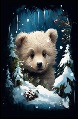 Adorable Bear Cub in Winter Forest Poster