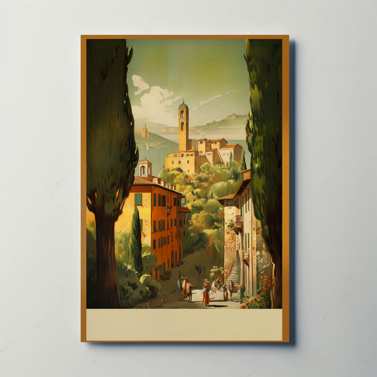 Italy Countryside Village Tower Hillside Vintage Travel Poster