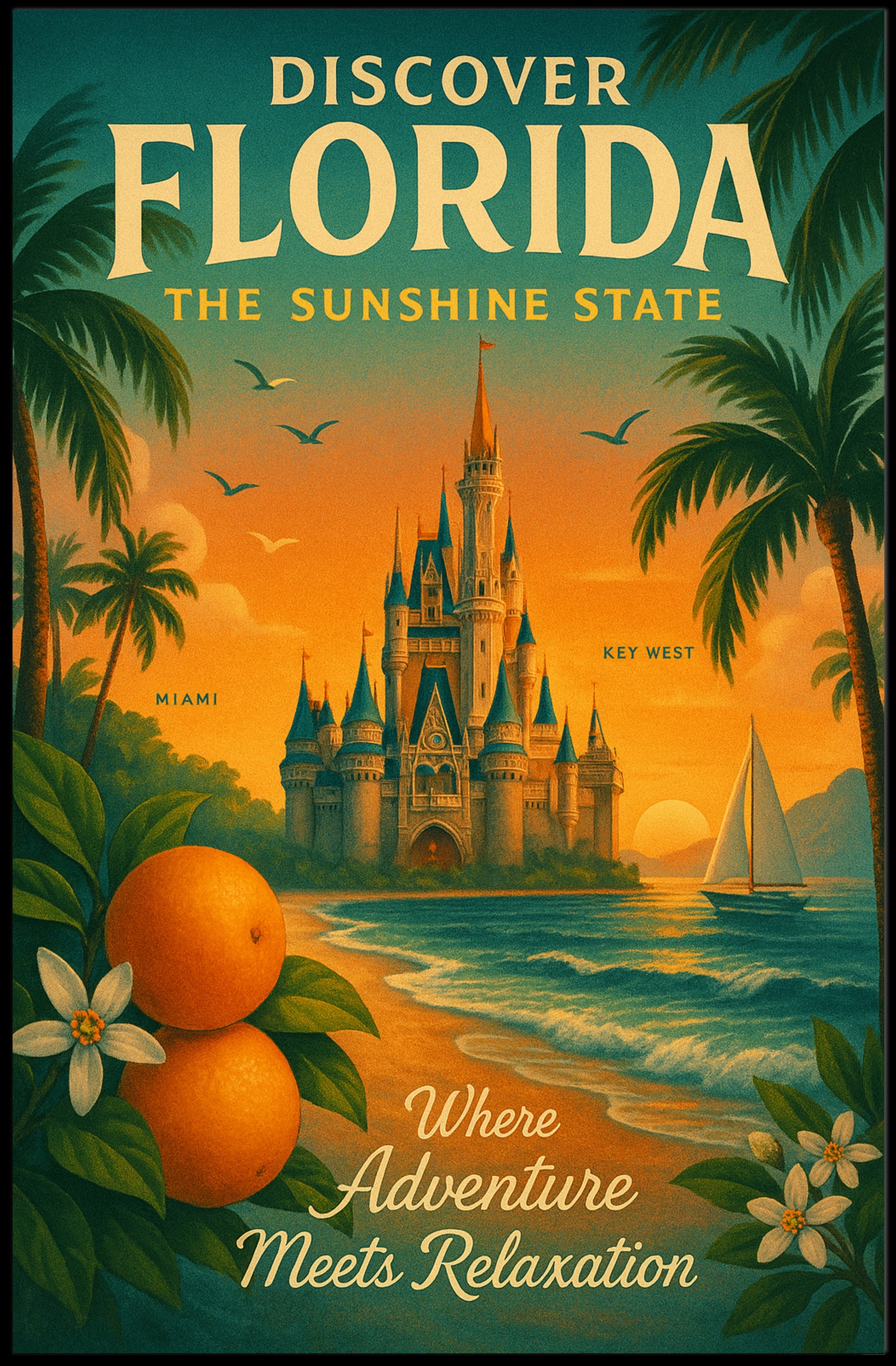 Florida Travel Poster Vintage Sunshine State Wall Art