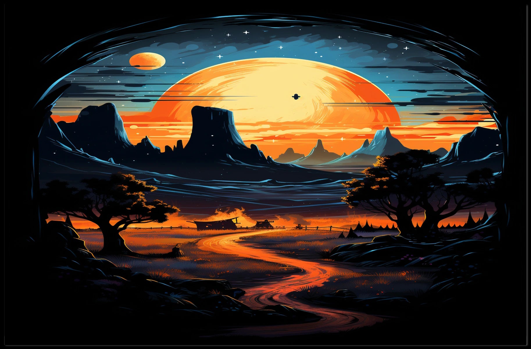 Celestial Sunset Over Desert Landscape Poster