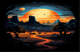 Celestial Sunset Over Desert Landscape Poster