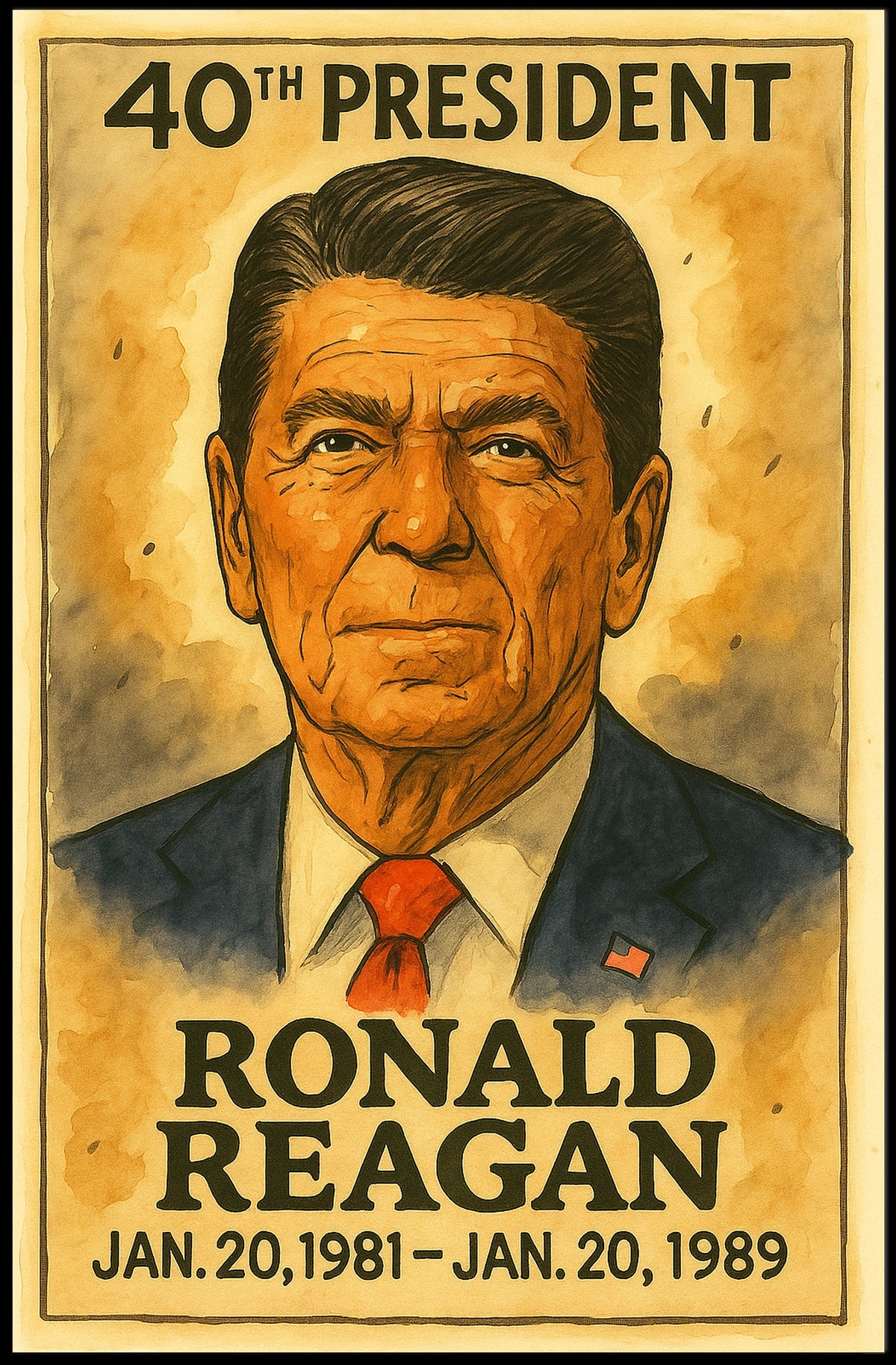 Ronald Reagan 40th President of the United States Exaggerated Cartoon Sketch Poster