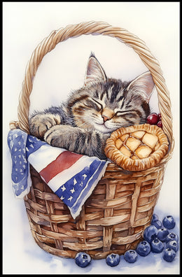Adorable Fluffy Tabby Cat Sleeping In Basket Poster