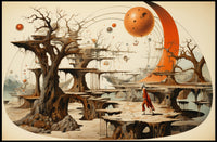 Mystical Exploration in Surreal Extraterrestrial Landscape Fantasy Poster