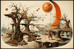 Mystical Exploration in Surreal Extraterrestrial Landscape Fantasy Poster