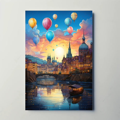 Enchanting European Cityscape with Hot Air Balloons Travel Poster
