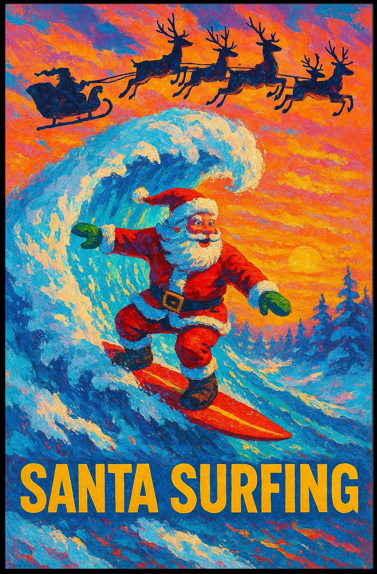Santa Surfing Poster: Festive Beach Adventure Art
