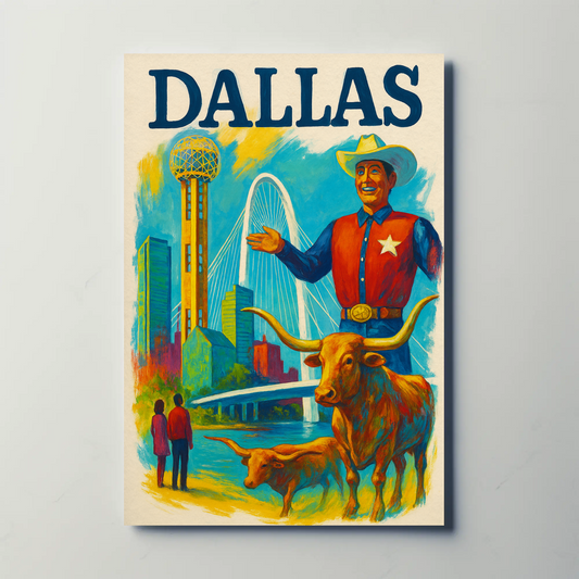 Dallas Skyline Cowboy Cattle Reunion Tower Vintage Travel Poster Wall Art