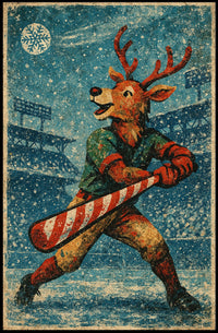 Whimsical Vintage Reindeer Baseball Holiday Poster Art