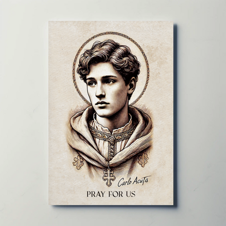 Saint Carlo Acutis Portrait Pray Vintage Travel Poster