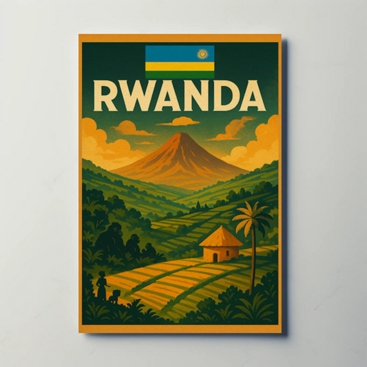 Rwanda Flag and Fields Sunset Travel Poster
