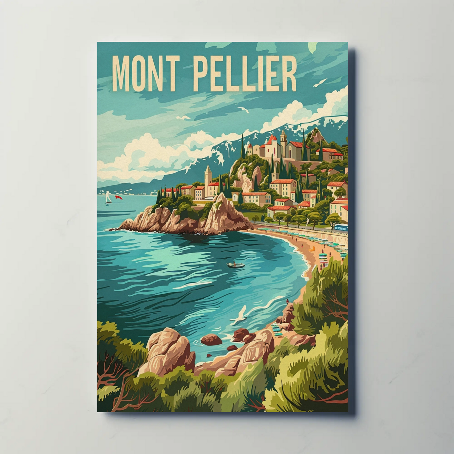 Montpellier France Coast Hillside Village Travel Poster