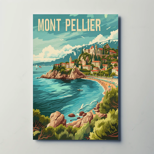 Montpellier France Coast Hillside Village Travel Poster