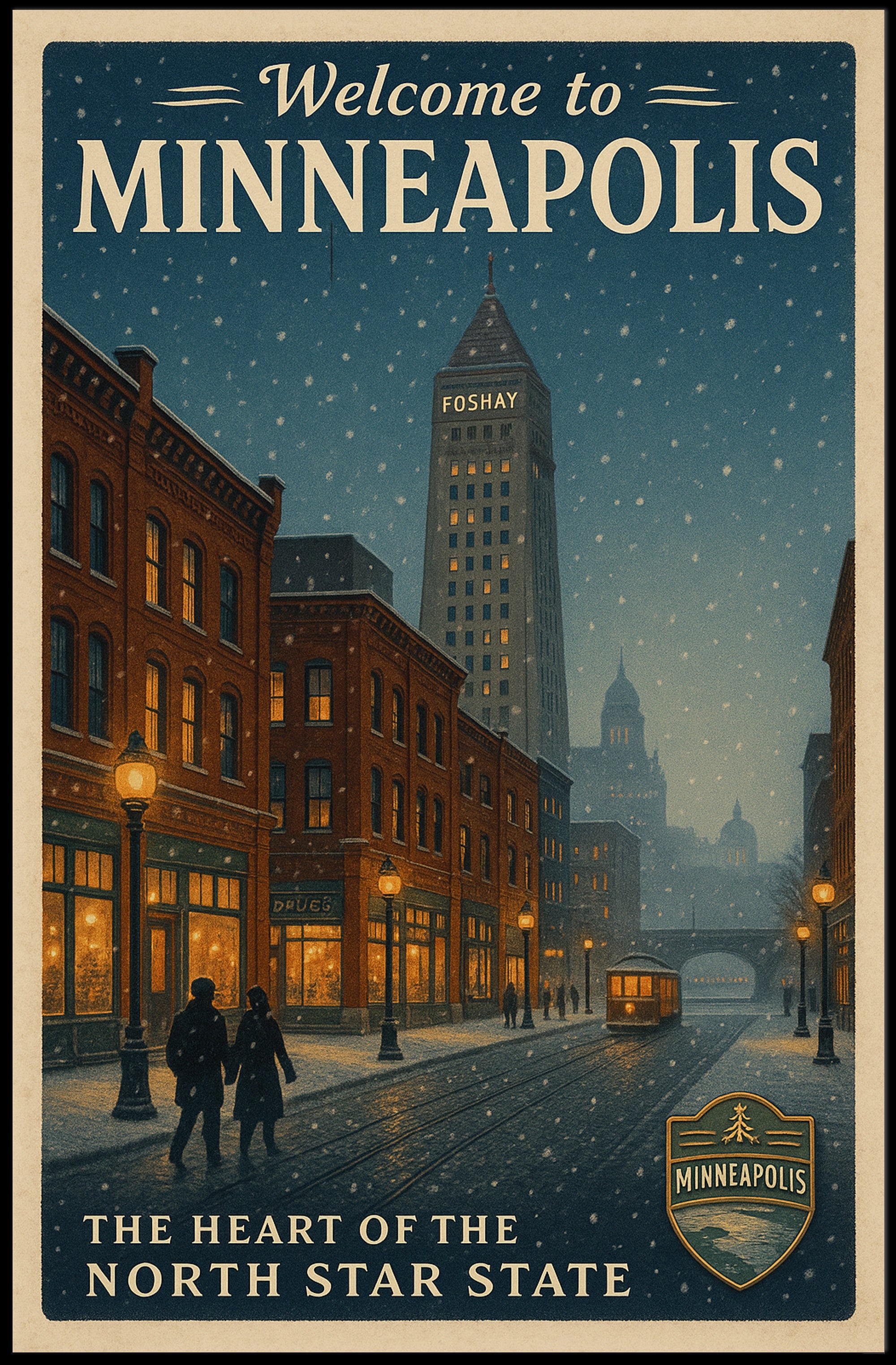 Vintage Minneapolis Winter Scene with Foshay Tower Urban or Cityscape Poster