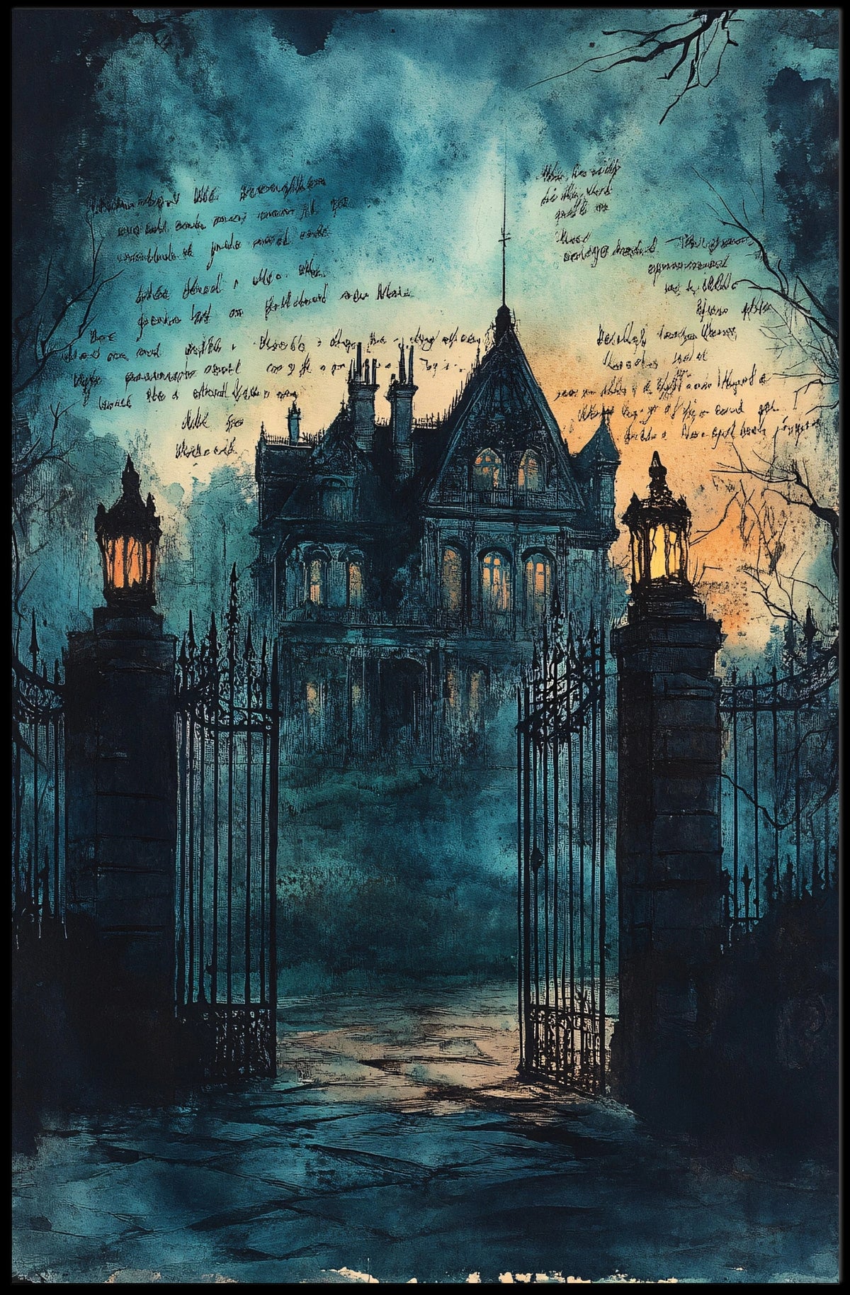 Gothic Twilight Mansion Art Print - Abstract, Artistic, or Pop Culture Poster