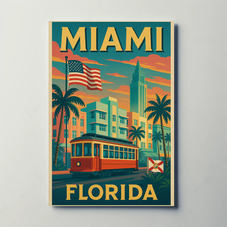 Miami Retro Travel Art Deco Nostalgia Travel Poster